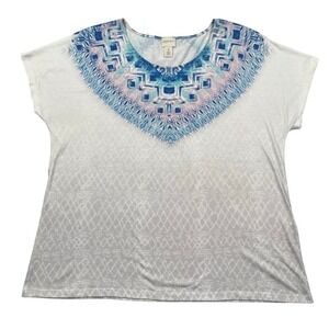 Zenergy by Chicos Top Womens 2 / US Large White Gray Print Turquoise Tribal